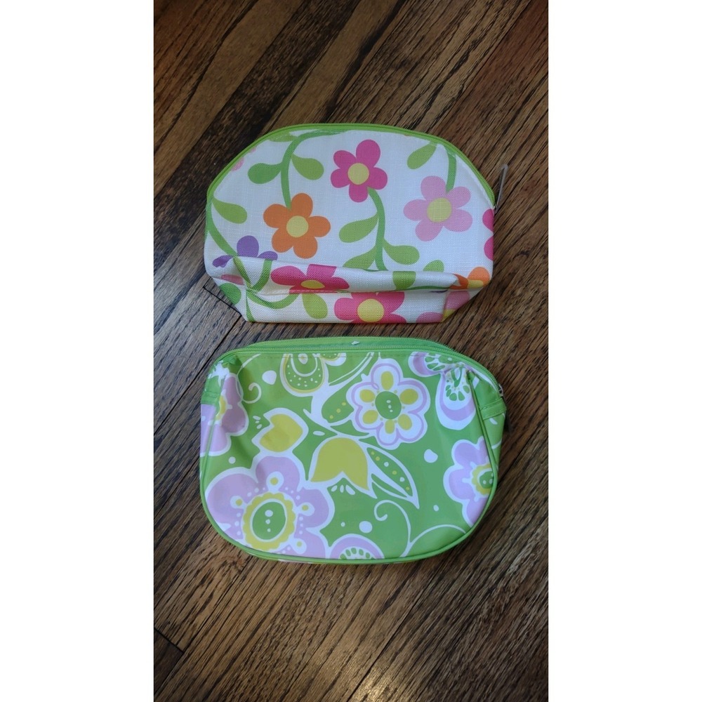 Clinique‎ Makeup Bag Set (2) Floral Green Pink Orange Cosmetic Pouches NWOT